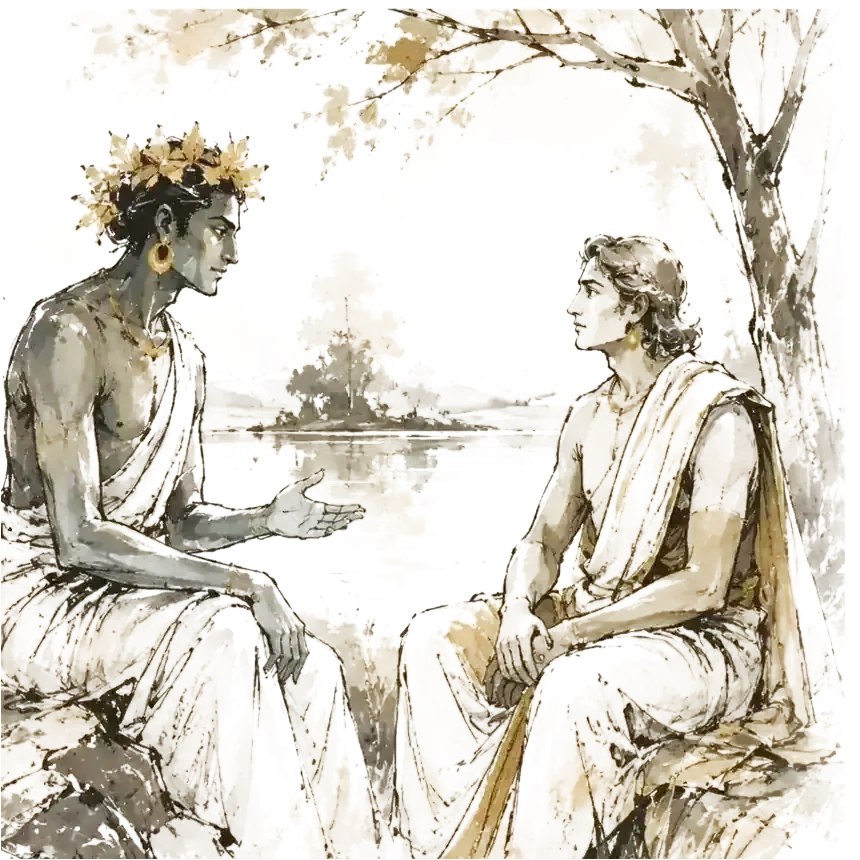 Artistic depiction of Yaksh and Yudhishtir in dialogue